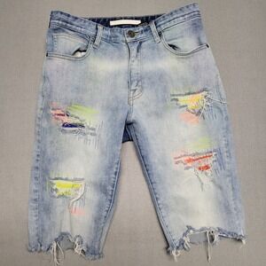Kloud 9 Mens 30 Distressed Denim Jean Shorts Light Wash Neon Embroidery Colorful